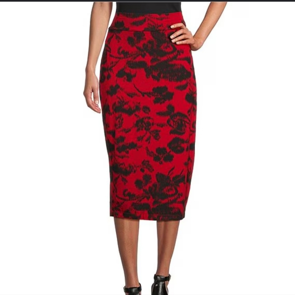 Bryn Walker Black and Red Floral Midi Skirt